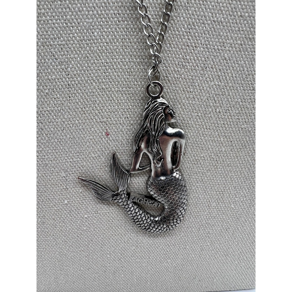 LaghCat Mermaid Pendant Necklace Boho Mermaidcore Fantasy Silver Tone 27in Chain